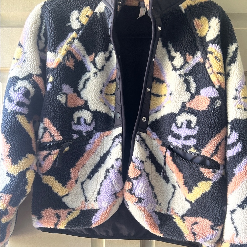 Free People Black Sherpa Jacket with Pastel Floral Motif
